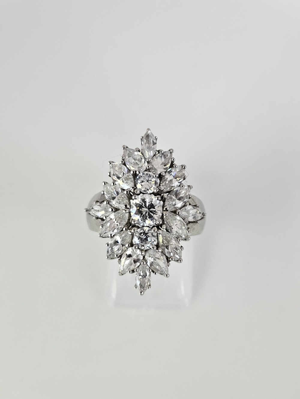 Vintage Waterfall Diamond Simulant Cluster Ring Sterling Silver Size 7!